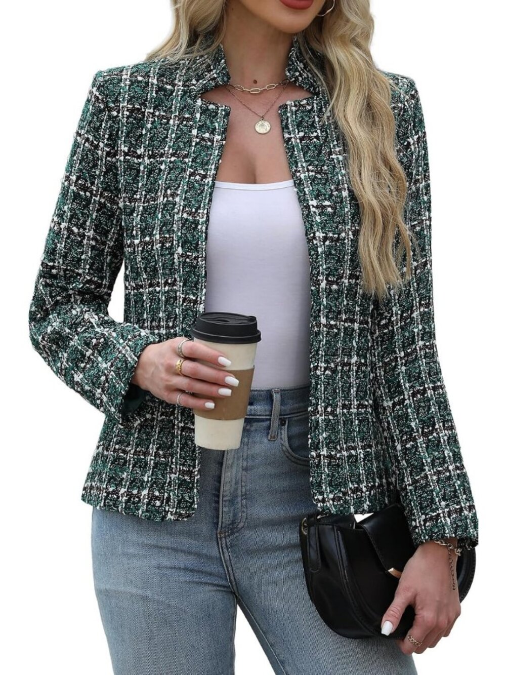 Chic Women's Tweed Open Front Blazer - Stylish Layering Piece for Any Occasion